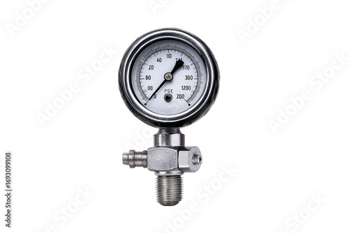 Close-up of a pressure gauge with a stainless steel body and a white dial.  The gauge has a circular face with markings for pressure readings.  A threaded fitting is connected to the gauge