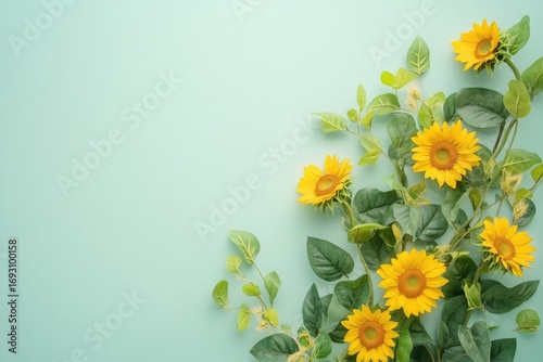 Vibrant sunflowers and lush green leaves arranged on a pale teal background, creating a cheerful summer scene.