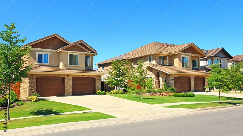 Obraz premium Suburban dream: Beautiful homes showcasing modern architecture and landscaping under a clear sky