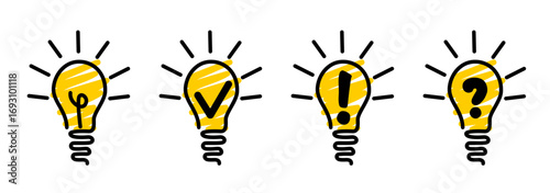 The idea of a shining light bulb. orange background. question mark, lightning. electricity, exclamation mark.