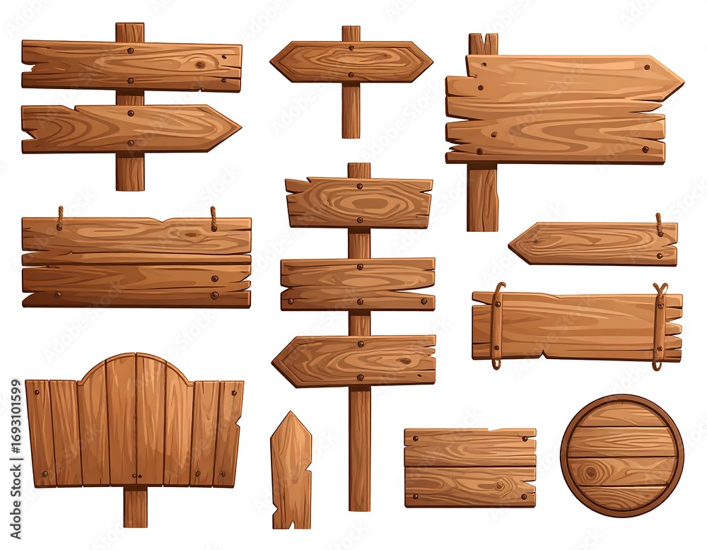 Fototapeta premium Wooden directional signs, various shapes and styles