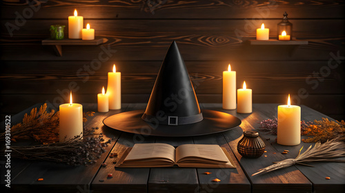 Black witch hat on table with lit candles and open book