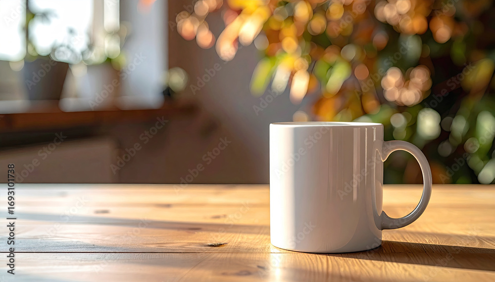 Fototapeta premium White cup of coffee on wooden table