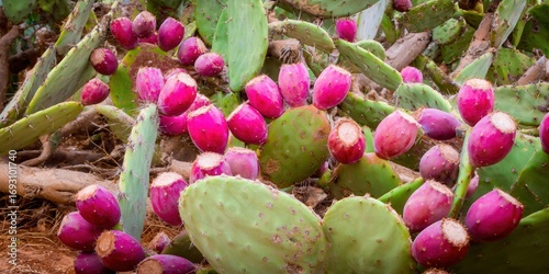 A cluster of prickly pear cactus fruits bursting with vibrant colors and textures in the sunlight.