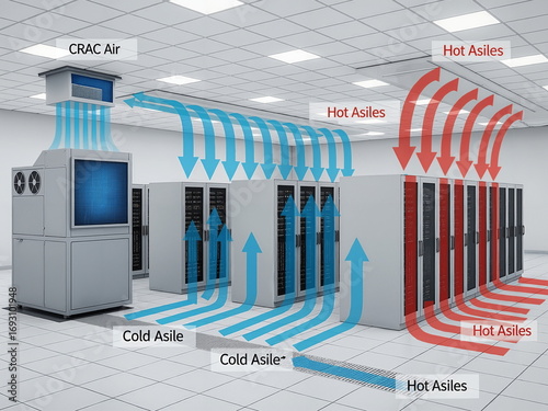 technical diagram of a data center showing a hot and cold aisle containment system. The image illustrates efficient cooling and airflow management for server racks