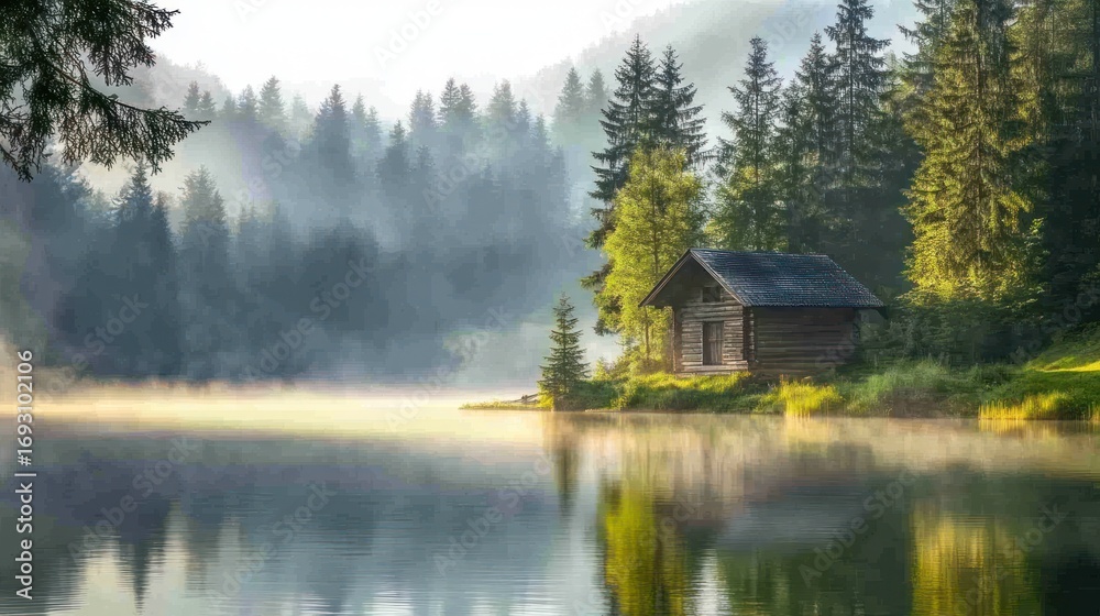 Fototapeta premium Peaceful cabin scene beside a misty lake surrounded by evergreen trees in the morning sun