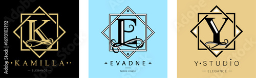 Logo E, K, capital letter Y. Monogram of Botanical in two squares. with Organic Plant Elements. Vector design.