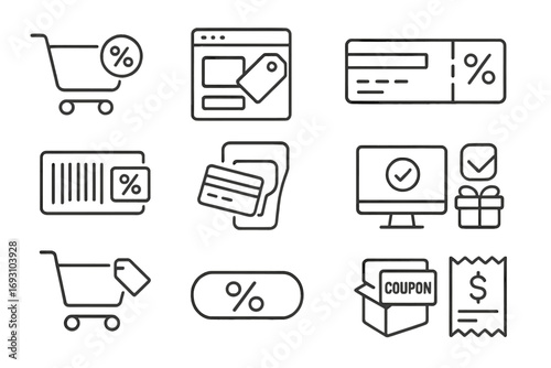 Online Checkout Icons. Line style icons of online checkout deals: shopping cart with discount icon, checkout page tag, payment