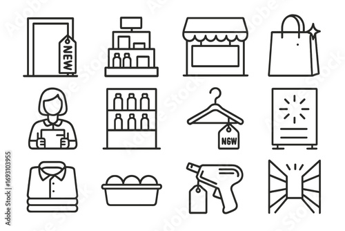 New Arrivals Icons. Line style icons of new arrivals in store: entry door with “new” tag, display shelf with sign, storefront