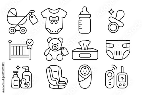 Baby Essentials Icons. Line style icons of new arrivals in baby products: stroller with tag, onesie with ribbon, bottle with label