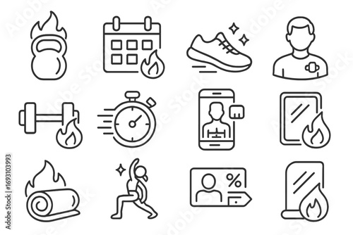Fiery Gym Icons. Line style icons of hot gym programs: kettlebell with flame, calendar with workout heat tag, running shoe with