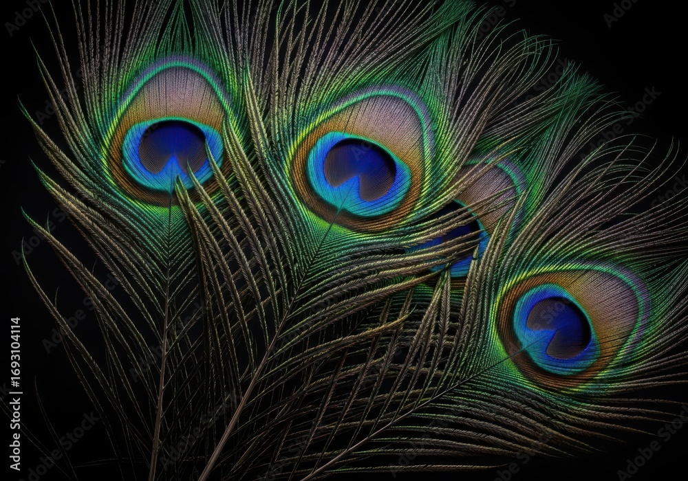 Obraz premium Closeup of three iridescent peacock feathers with intricate eye patterns