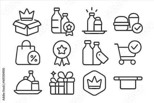 Bundle Icons Collection. Line style icons of recommended bundles: combo box with crown, product pair with badge, shopping bundle