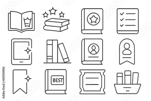 Book Icons Collection. Line style icons of top-rated books: open book with crown tag, stack with stars, cover with badge, reading