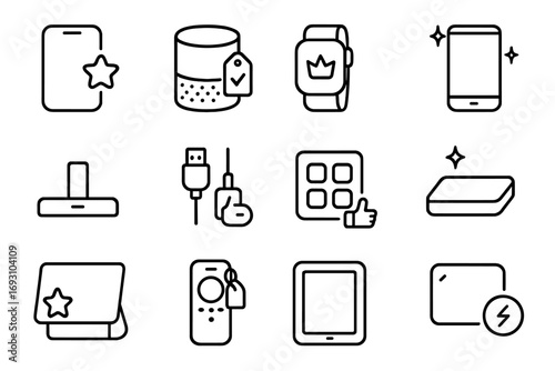 Line Style Gadgets. Line style icons of recommended gadgets: smartphone with star badge, smart speaker with checkmark tag,