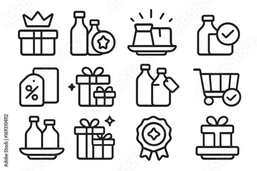 Bundle Icons Collection. Line style icons of recommended bundles: combo box with crown, product pair with badge, shopping bundle