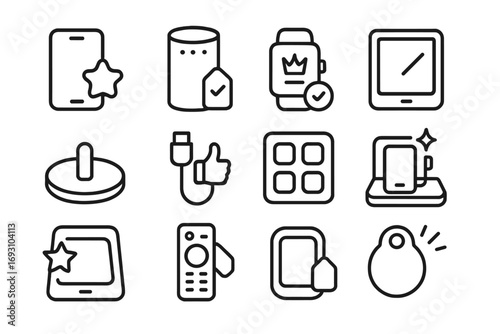 Line Style Gadgets. Line style icons of recommended gadgets: smartphone with star badge, smart speaker with checkmark tag,