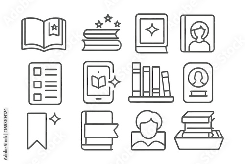 Book Icons Collection. Line style icons of top-rated books: open book with crown tag, stack with stars, cover with badge, reading