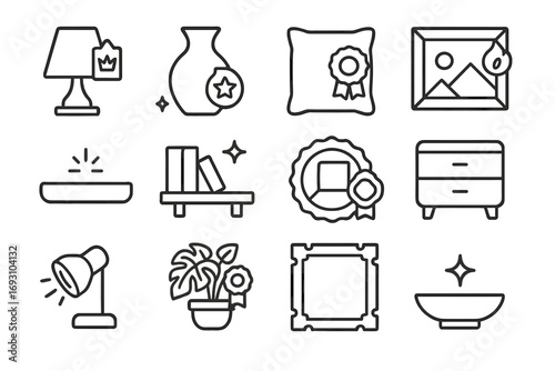 Stylish Home Decor Icons. Line style icons of best home decor: lamp with crown tag, vase with star, cushion with badge, framed art