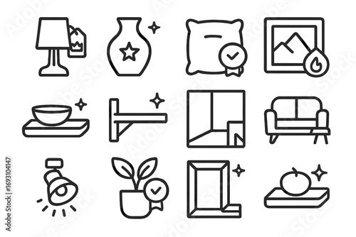 Stylish Home Decor Icons. Line style icons of best home decor: lamp with crown tag, vase with star, cushion with badge, framed art