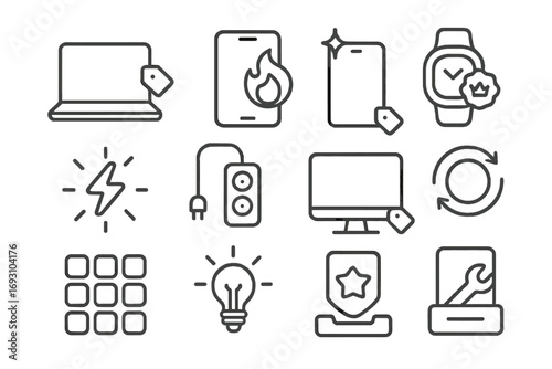 Tech Gadget Icons. Line style icons of latest technology: laptop with “new” tag, smartphone with flame badge, tablet icon with