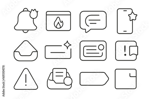 Iconic Notifications. Line style icons of best notifications: bell with crown badge, popup alert with flame, message bubble with