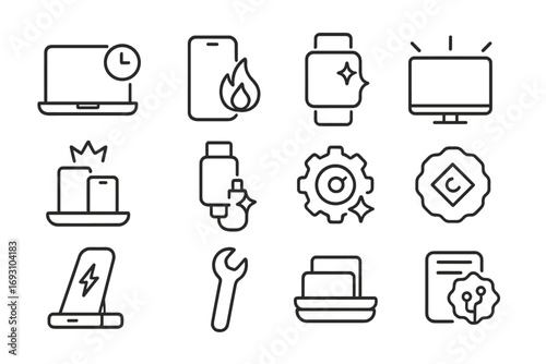 Modern Tech Icons. Line style icons of recent devices: laptop with clock tag, smartphone with flame badge, smartwatch with sparkle