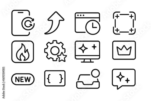 Line Style Update Icons. Line style icons of recent updates: mobile screen with refresh badge, update arrow icon, software with