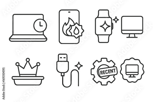 Modern Tech Icons. Line style icons of recent devices: laptop with clock tag, smartphone with flame badge, smartwatch with sparkle