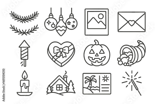 Retro Holiday Icons. Line style icons of retro holidays: tinsel garland, classic tree ornaments, polaroid card, greeting envelope;