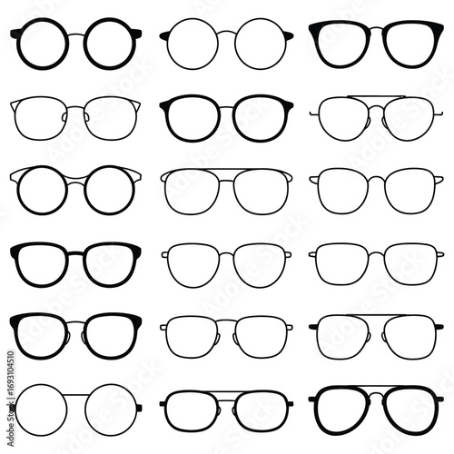 A vector illustration of various fashionable eyeglasses, sunglasses, and spectacles with frames and lenses on a white background