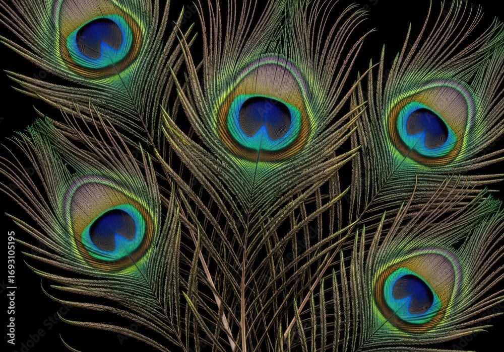 Obraz premium Closeup of vibrant peacock feathers with intricate eye patterns against a black background