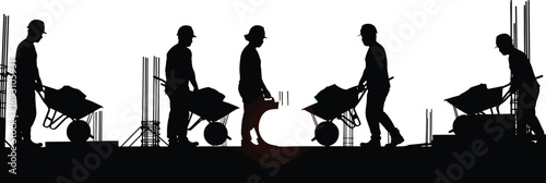 Silhouette of construction workers with wheelbarrows, carrying concrete, building site activity, hard labor, teamwork, rebar structure, industrial work scene
