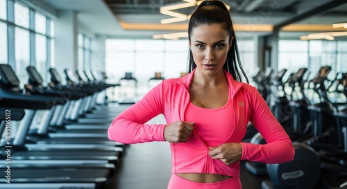 Fototapeta Naklejka Na Ścianę i Meble -  An attractive brunette woman is unzipping her pink sports jacket in the gym, showing determination and strength with exercise equipment in the background .
