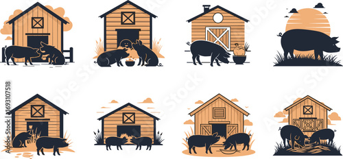 Farm pig silhouette illustration, rustic barn design, pig feeding vector, countryside livestock artwork, agricultural animal collection, decorative