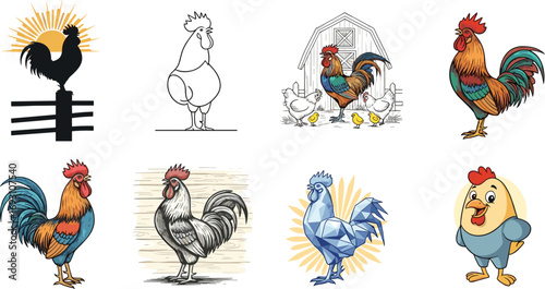 Colorful rooster illustration, farm chicken vector, barnyard poultry artwork, rural livestock drawing, decorative cock silhouette, cartoon animal design