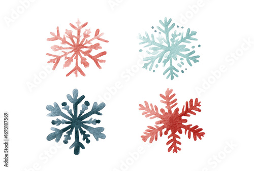 Four stylized, watercolor-like snowflakes, in shades of red, blue, and teal,  arranged in a grid