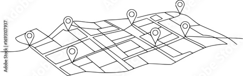 Abstract Traffic route between two points on map. Geolocation signs and trip plan trace Continuous line art drawing vector illustration
