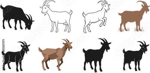 Goat illustration set, farm goat vector, domestic animal drawing, livestock artwork, grazing goat design, rural agriculture animal collection