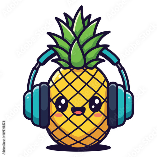 Vector art of happy cartoon pineapple with headphones listening to music