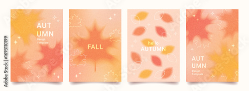 Set of trendy autumn gradient posters with blurry red, yellow and orange leaves. Fall abstract seasonal background. Autumn modern design for card, social media, flyer, banner. Vector illustration.