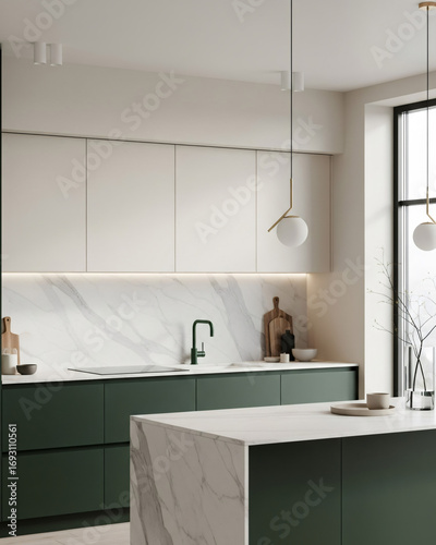 Dark Green and Cream Modern Kitchen with Marble Backsplash in Minimalist Style
