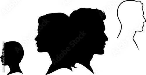 vector set, Vector illustration of silhouette man and woman portrait in profile. Male and female head on a white background side view.

