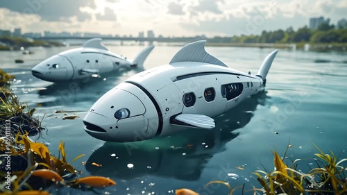 Wallpaper Mural Futuristic Mechanical Fish Swimming in Waters Reflecting the City Landscape Torontodigital.ca