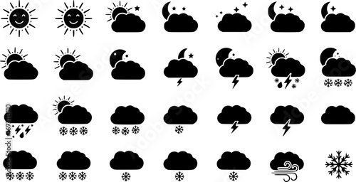 Weather icons. Weather forecast icon set. Clouds logo. Weather , clouds, sunny day, moon, snowflakes, wind, sun day. Vector illustration.
