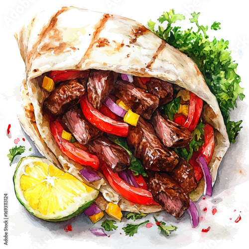 Shawarma, watercolor clipart vector, isolated on a white background.
