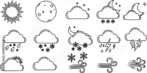 Weather icons. Weather forecast icon set. Clouds logo. Weather , clouds, sunny day, moon, snowflakes, wind, sun day. Vector illustration.
