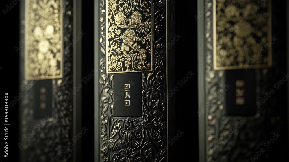 Fototapeta premium Intricate Decorative Panels with Floral and Ornamental Gold Embossed Patterns