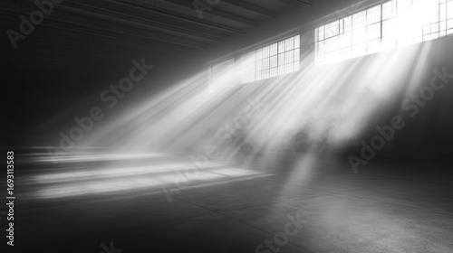 Dramatic interior scene with rays of light illuminating a vast empty space