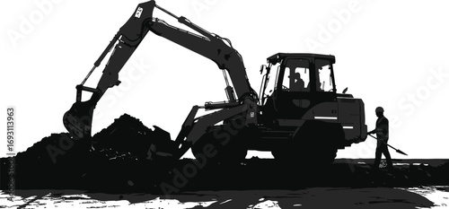Silhouette of excavator digging earth with construction worker holding shovel, heavy machinery, industrial site, excavation work, teamwork and labor concept